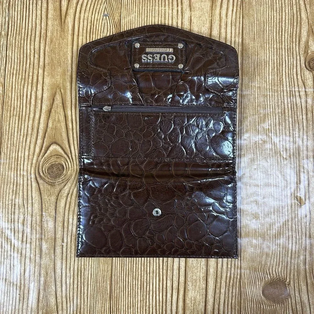 Guess Trifold Wallet Embossed Faux Crocodile‎ Leather Brown Organizer